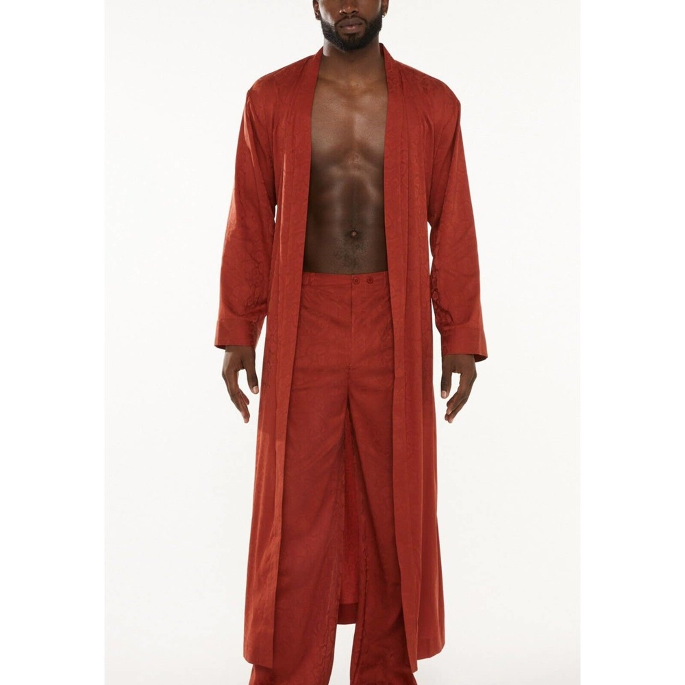 SAVAGE X FENTY MENS Satin SNAKE JACQUARD LONG ROBE Henna Red SZ M $112
